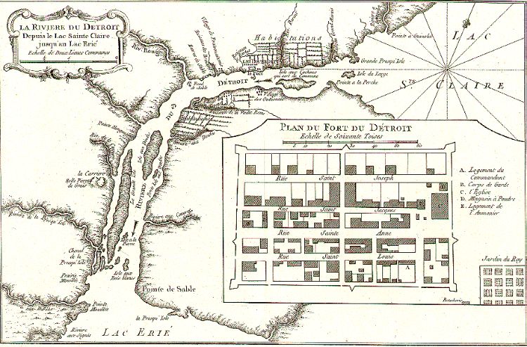 A map of the Detroit River circa 1764. Photo credit: University of Texas Libraries at University of Texas at Austin.