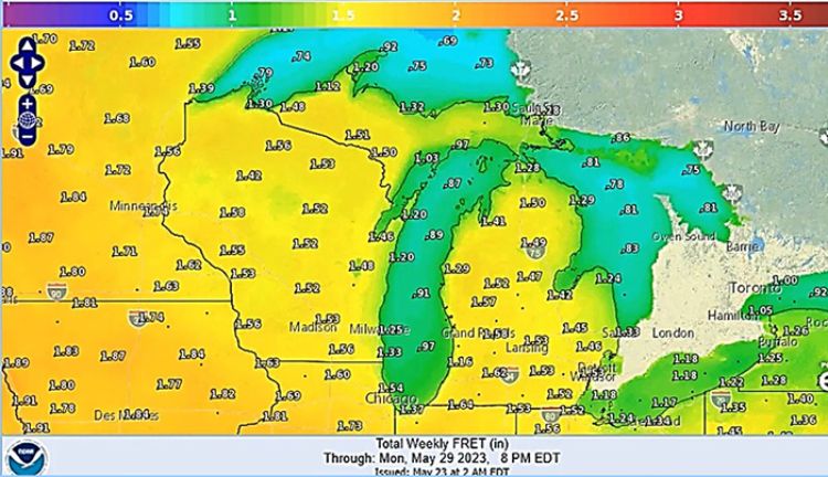 Michigan map showing PET indexes.