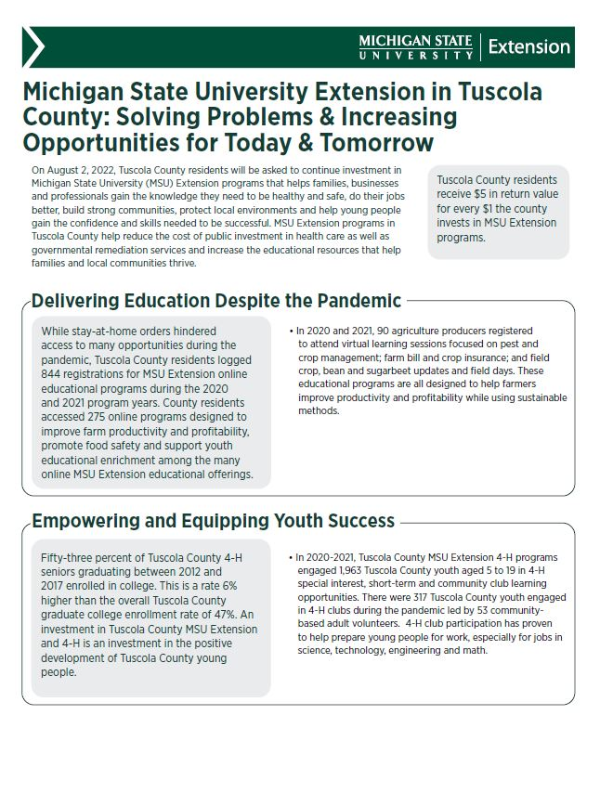 Thumbnail of the MSU Extension in Tuscola County: Solving Problems and Increasing Opportunities for Today & Tomorrow document.