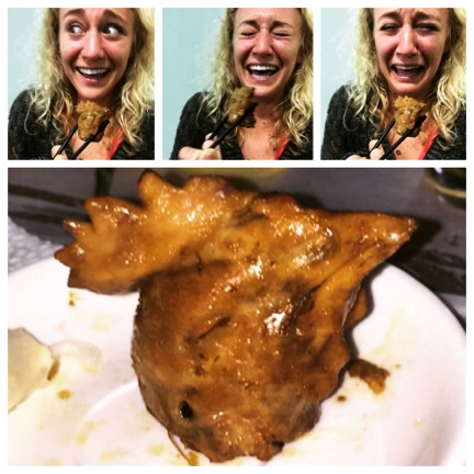 Anna eats a chicken head