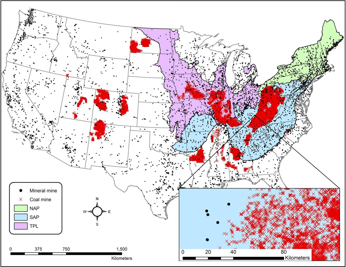 Map of coal and mineral mine distribution in the U.S.