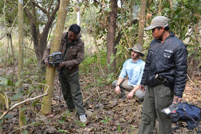 Neil Carter setting tiger camera trap in Chitwan National Park