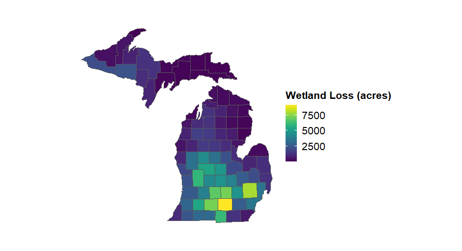 A map of Michigan with counties highlighted different colors.