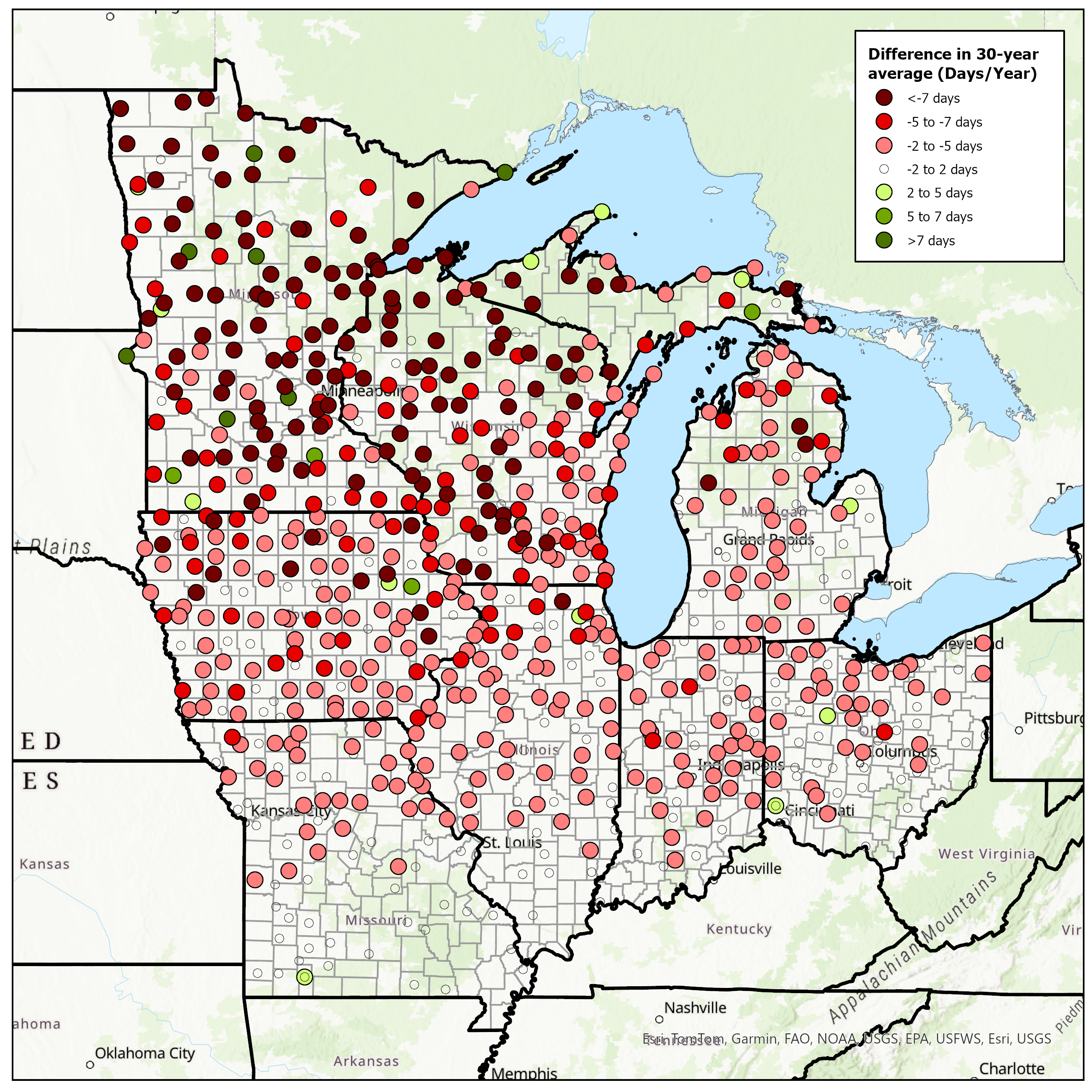 Map of Midwest showing average daily low temperature by county.