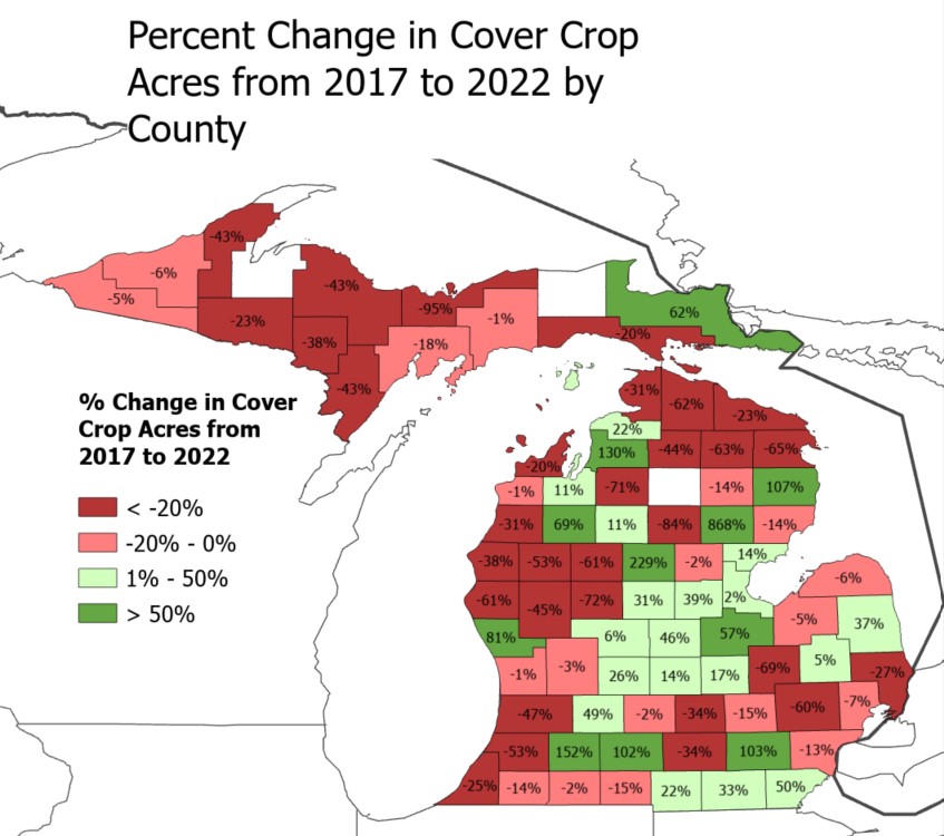 Map of Michigan showing percent change in cover crop acres.