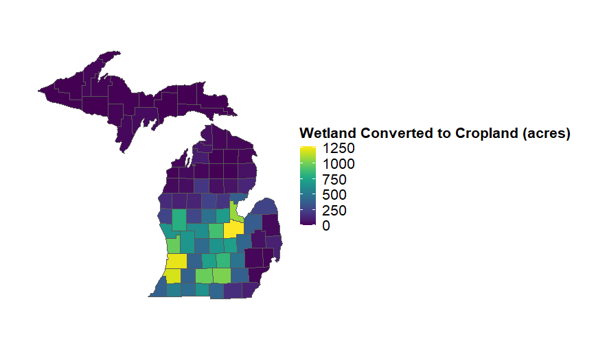 A map of Michigan with counties highlighted different colors.