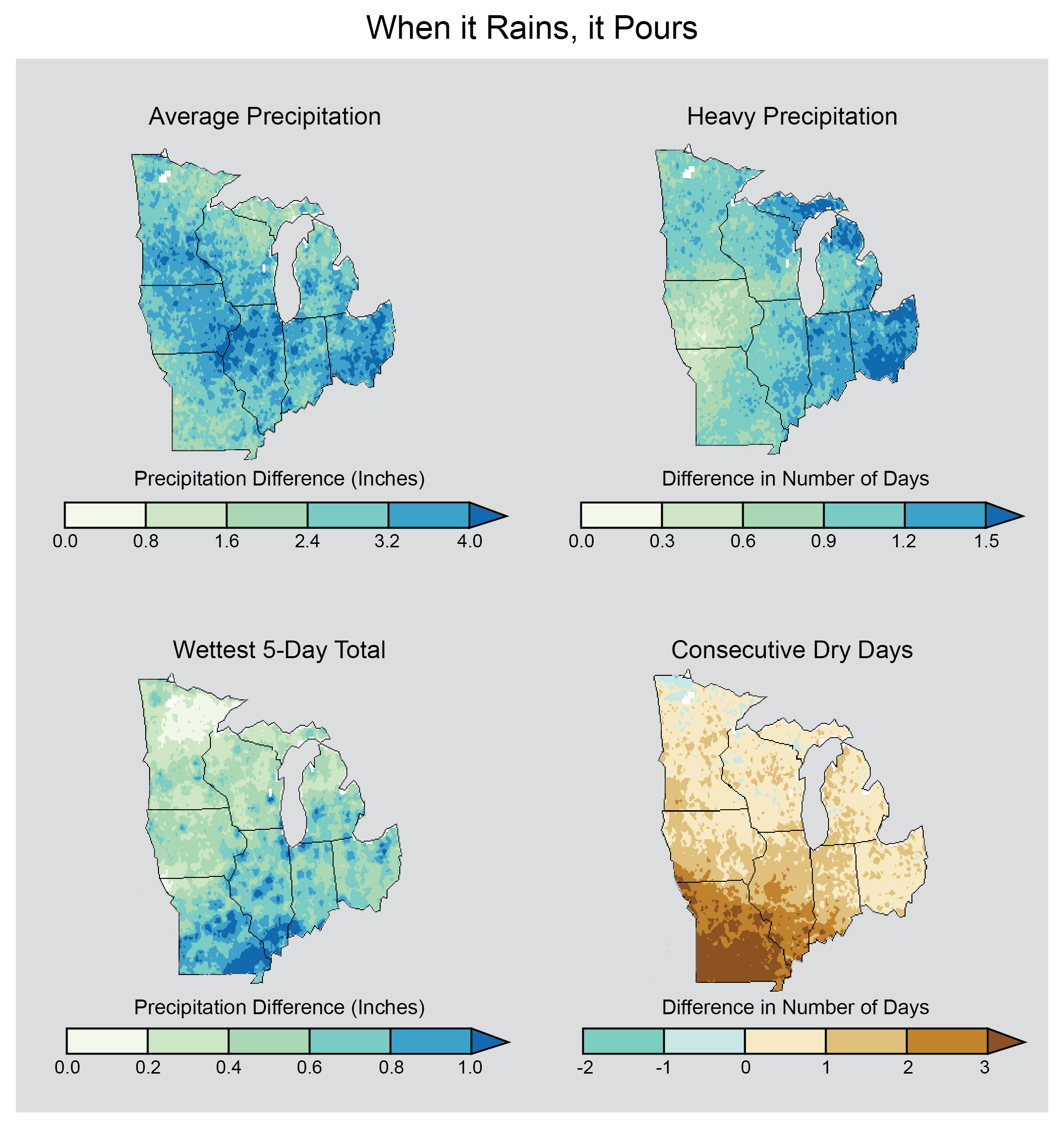 Maps of the Midwest showing projected change in precipitation.
