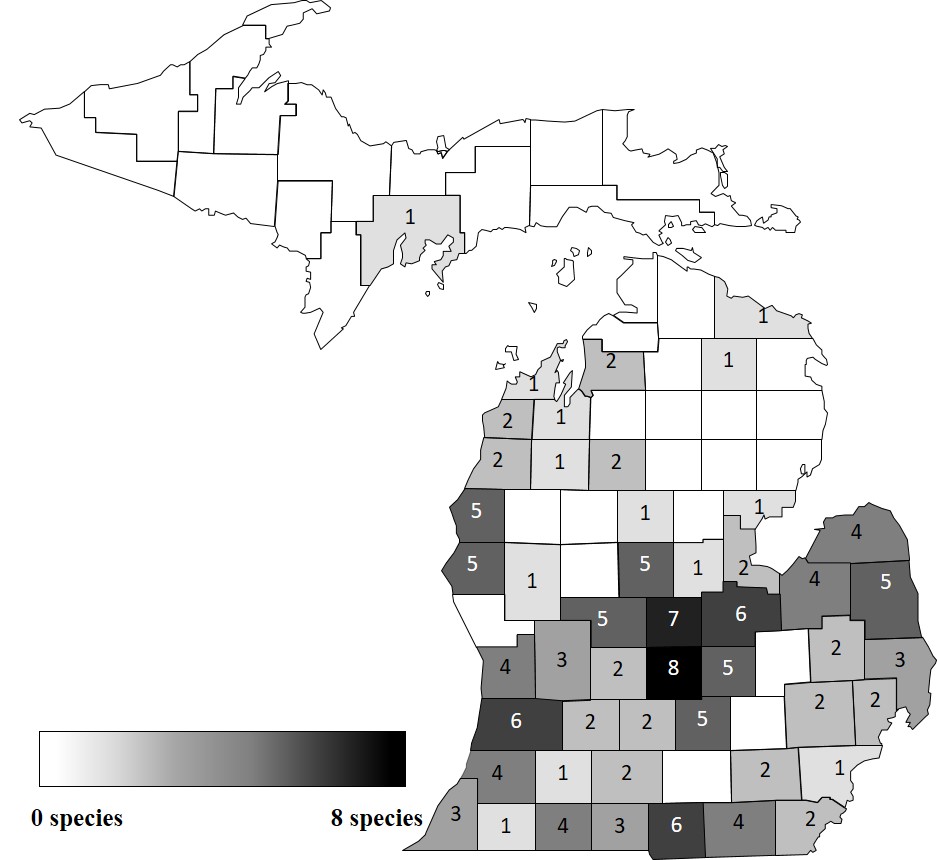 Map of Michigan with some counties highlighted in different shades and numbered.