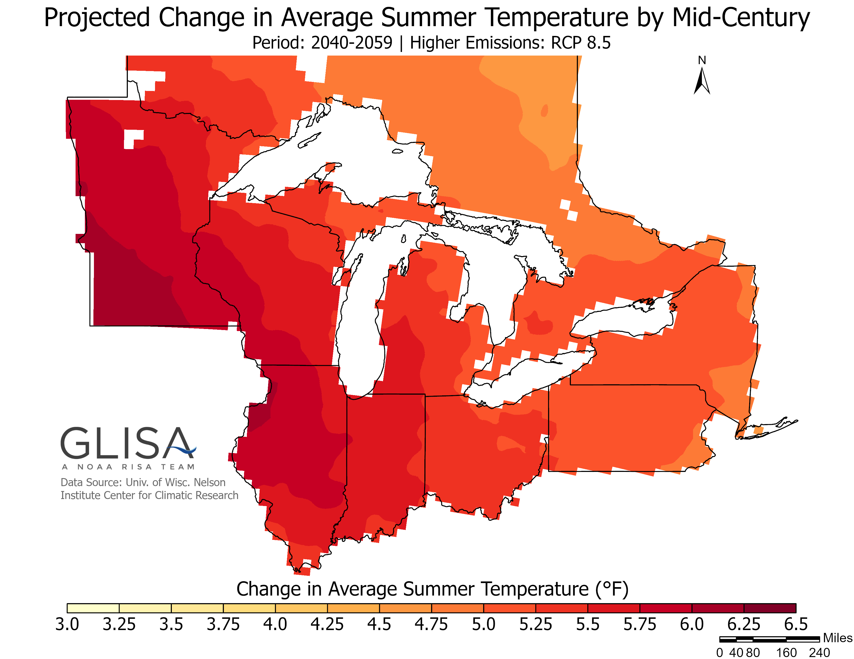 Map of Great Lakes region showing average summer temperatures.