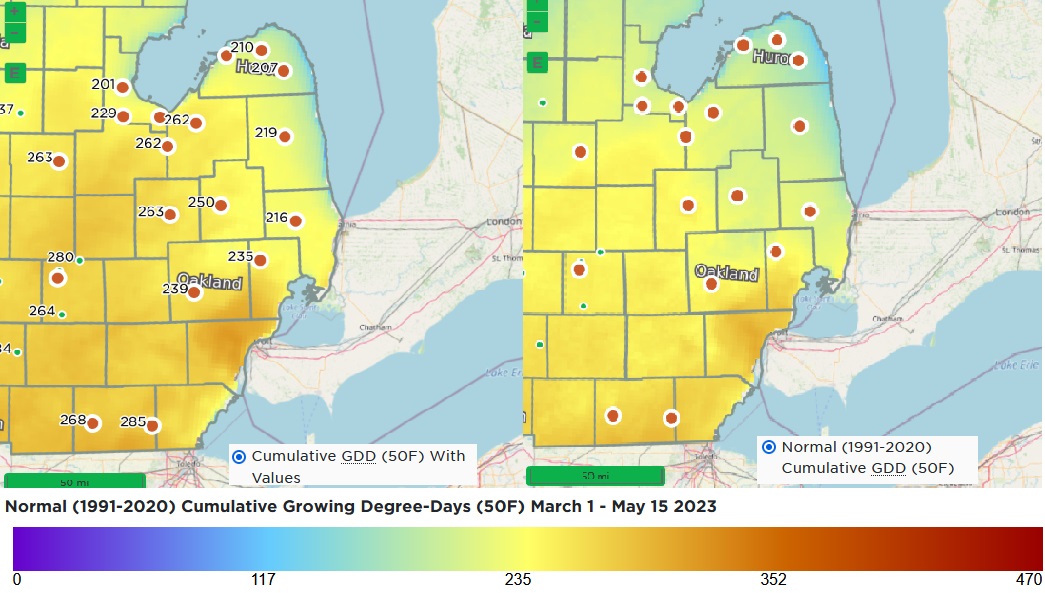 Cumulative GDD map of Michigan.