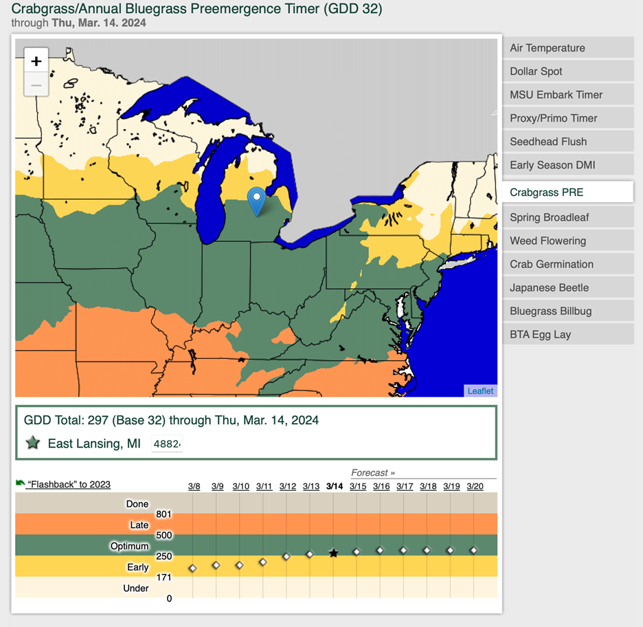 GDD Tracker preemergence model for March 2024.