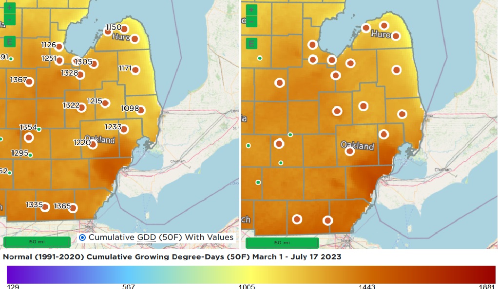 Maps of Michigan's Thumb region showing the different growing degree day amounts.
