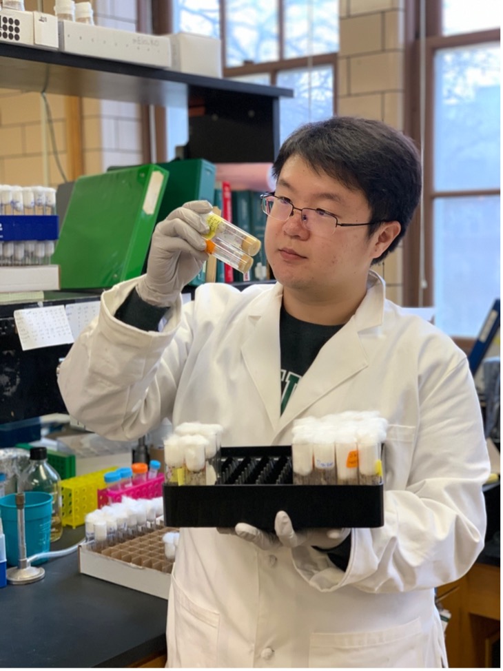 Photo of Zinan Wang looking at vials in the laboratory
