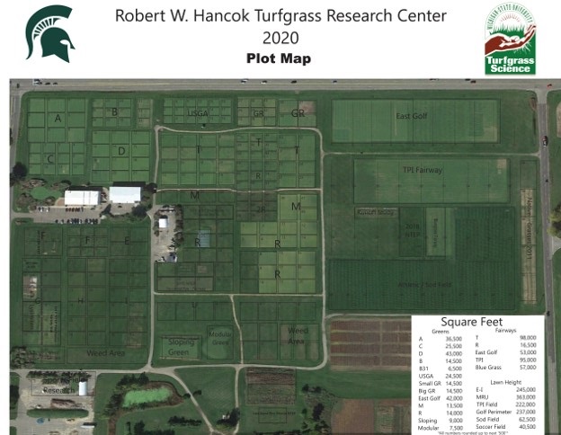 An arial image of the research center, a grass field separated into modular plots.  