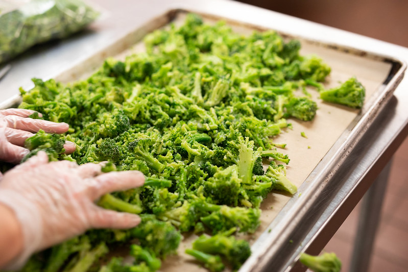 Plastic gloved hands spread chopped broccoli onto a baking sheet in an institutional setting