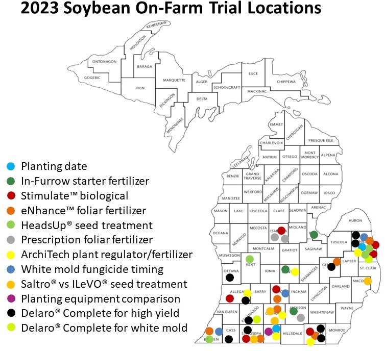 A map of Michigan with dots all over signifying the 2023 on-farm locations.