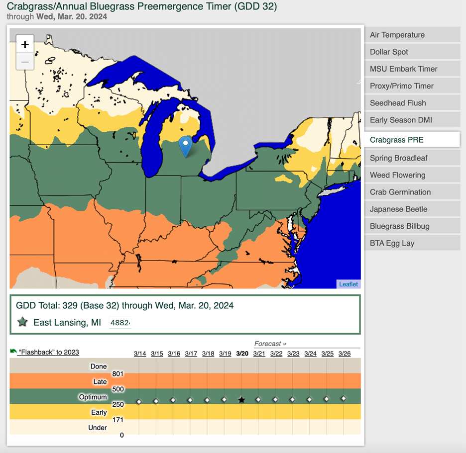 Screenshot of GDDTracker showing the crabgrass/annual bluegrass preemergence timing model.