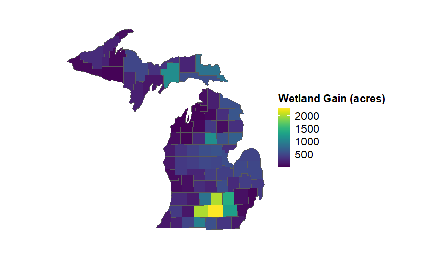 A map of Michigan with counties highlighted different colors.