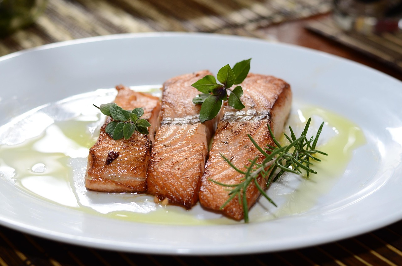 Cooked salmon on a plate.