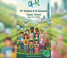Una ilustración de personas de pie en un campo. Trébol 4-H cerca de la parte inferior. En la parte superior, las palabras "4-H Fourth Global 4-H Summit; Taipei, Taiwán; 2-6 de noviembre de 2026".