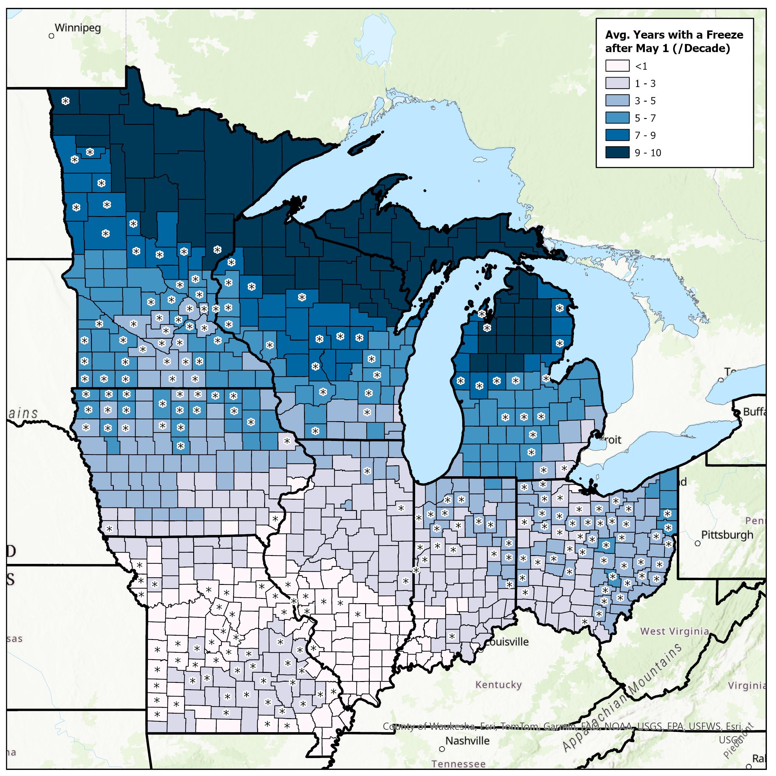 Map of the Midwest showing average freeze temperatures by county.