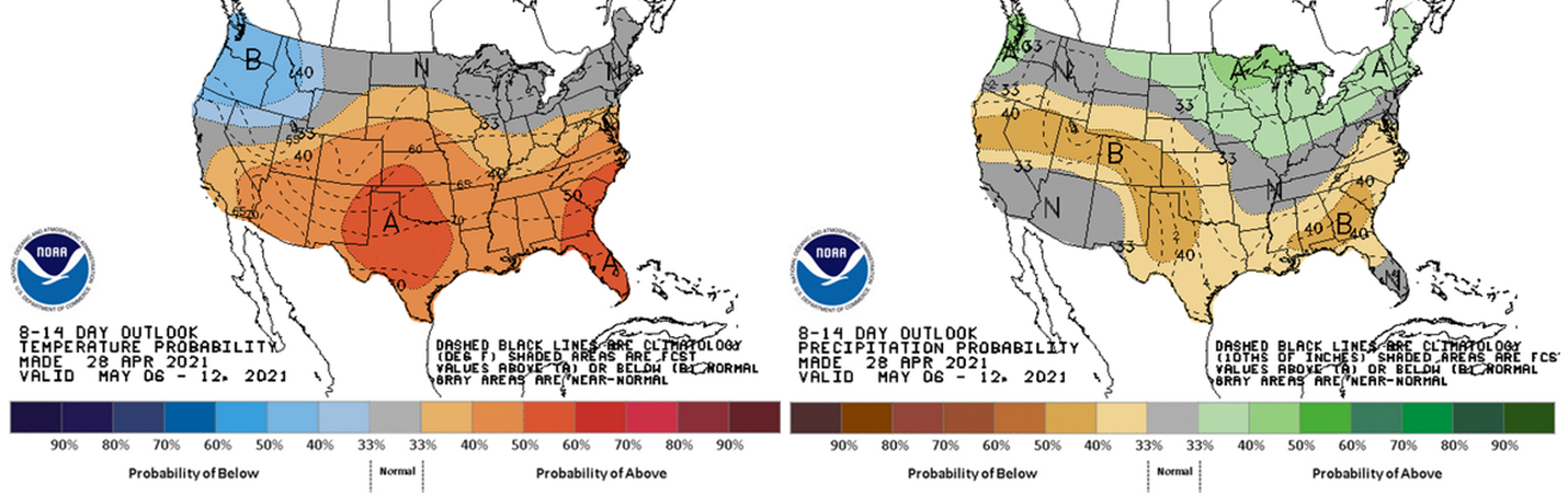 8-14 day outlook (May 6-12) for temperature (left) and precipitation (right).
