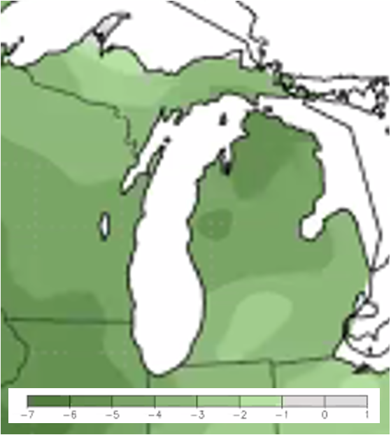 Average temperature departure map of Michigan