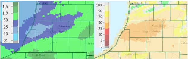 Precipitation totals for the past seven days (left) and departure from normal (right) for the past 14 days.