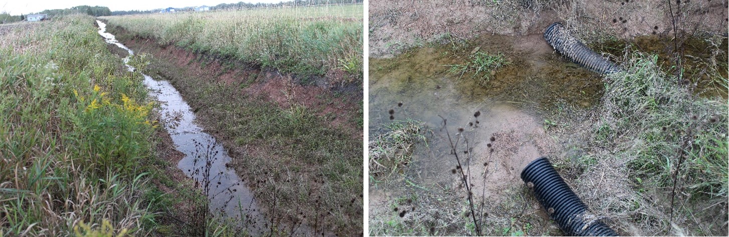 Two pictures showing water being drained on a field.