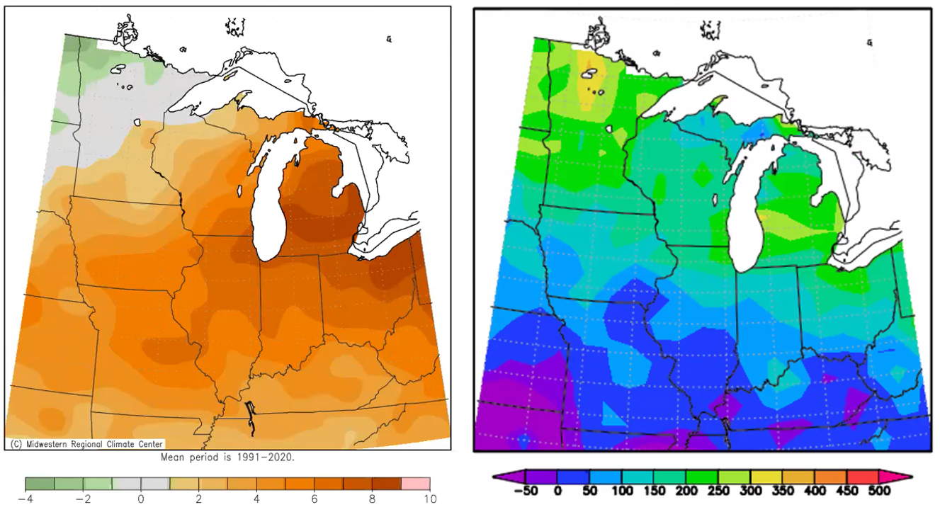 Mean temperature departure from normal from Aug. 25-31 (left) and growing degree days (base 50) departure from normal for May 1 through Aug. 31 (right). Graphics courtesy of Jeff Andresen, MSU.