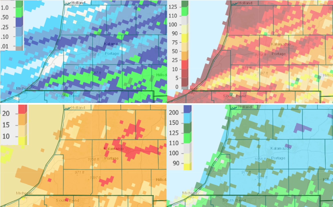 Precipitation totals and departure from normal for the past seven days (upper left and right, respectively) and totals and departure from normal for the past 90 days (lower left and right, respectively) as of Sept. 2.