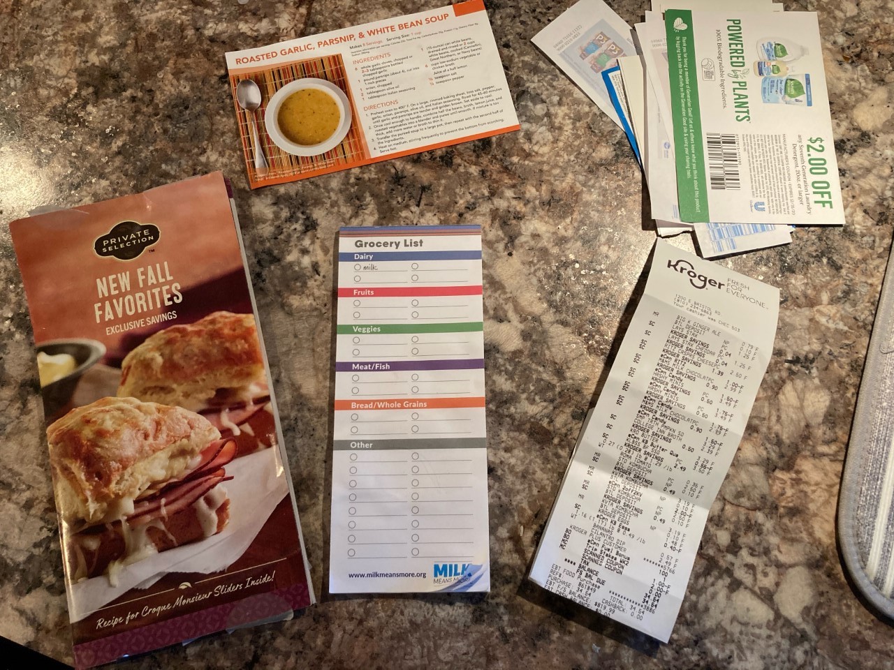 Boxed food, receipts, and coupons.