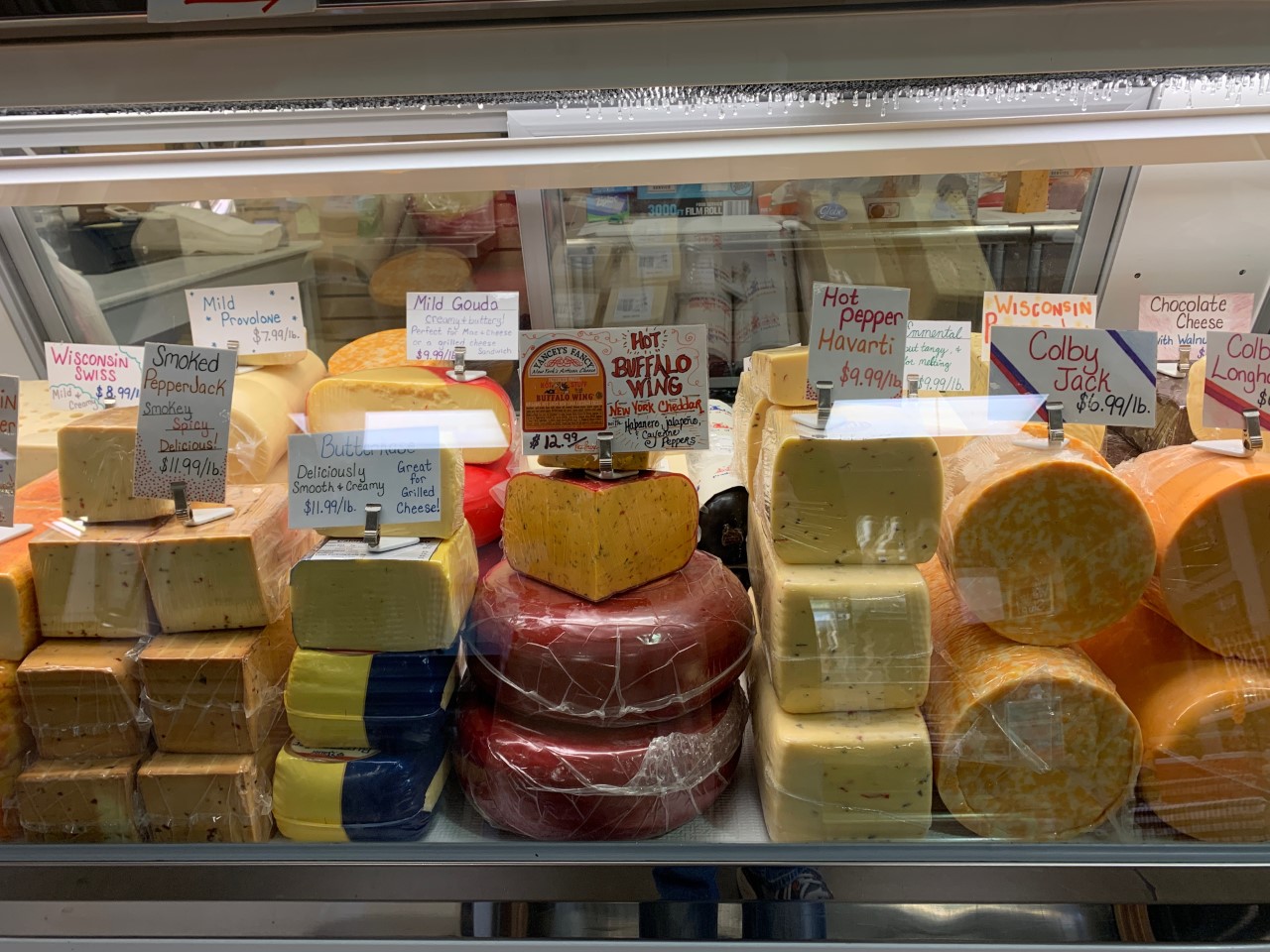 Variety of cheeses in a cheese counter