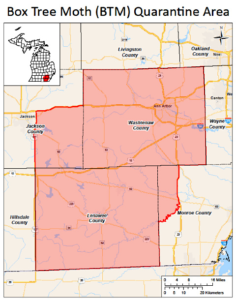 Map of Michigan showing the counties that are in quarantine.