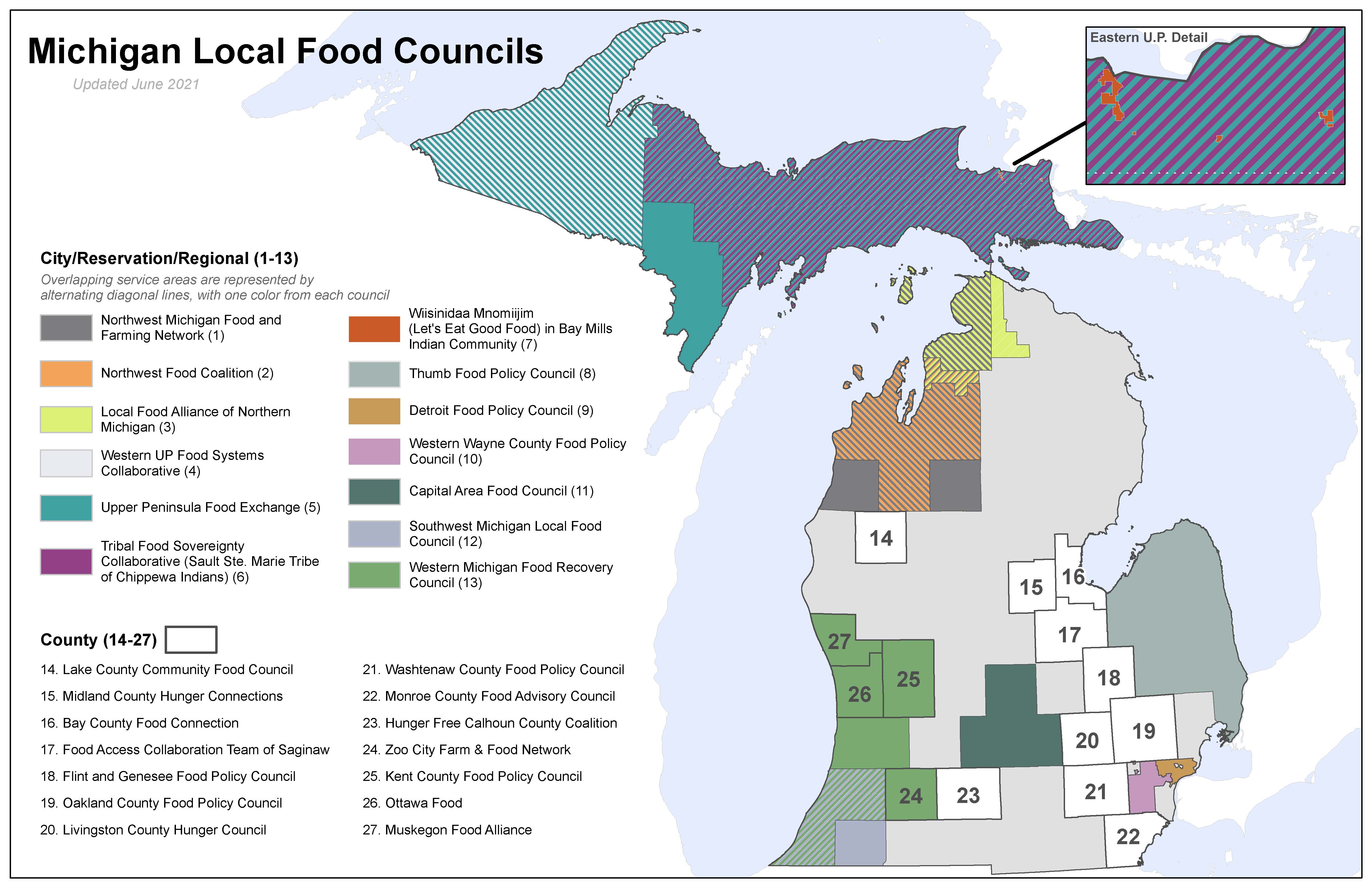 This map shows Michigan local food councils and their coverage area in the state.