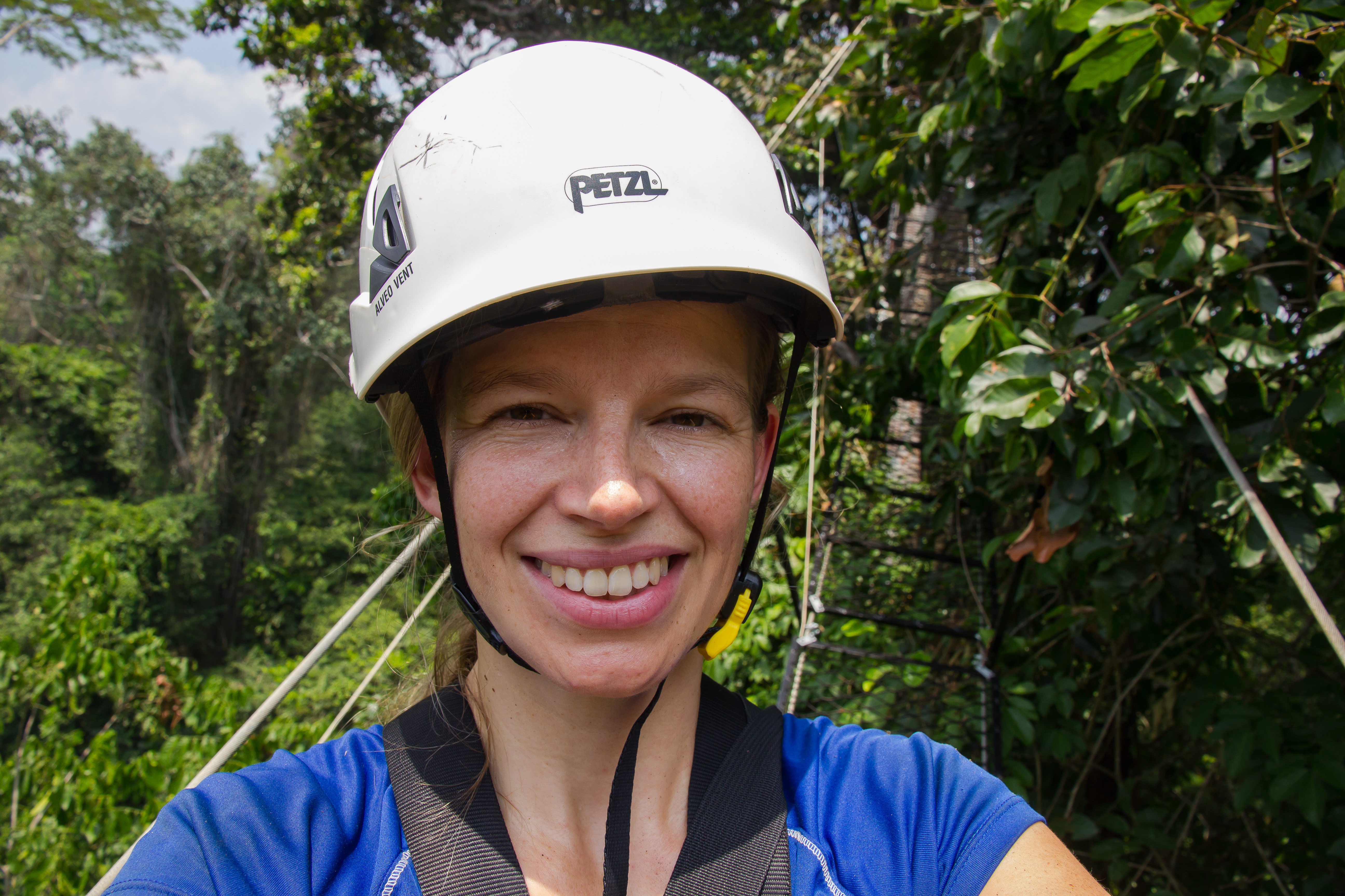 Marielle Smith stands on a canopy walkway, which hangs almost 30 m above the forest floor in the Tapajós National Forest. The walkway provides researchers with easy access to study upper canopy leaves, as well as breath-taking views over the forest. [Photo taken by Marielle N. Smith]