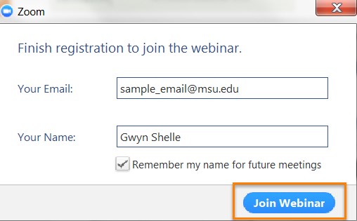 Screenshot of joining webinar