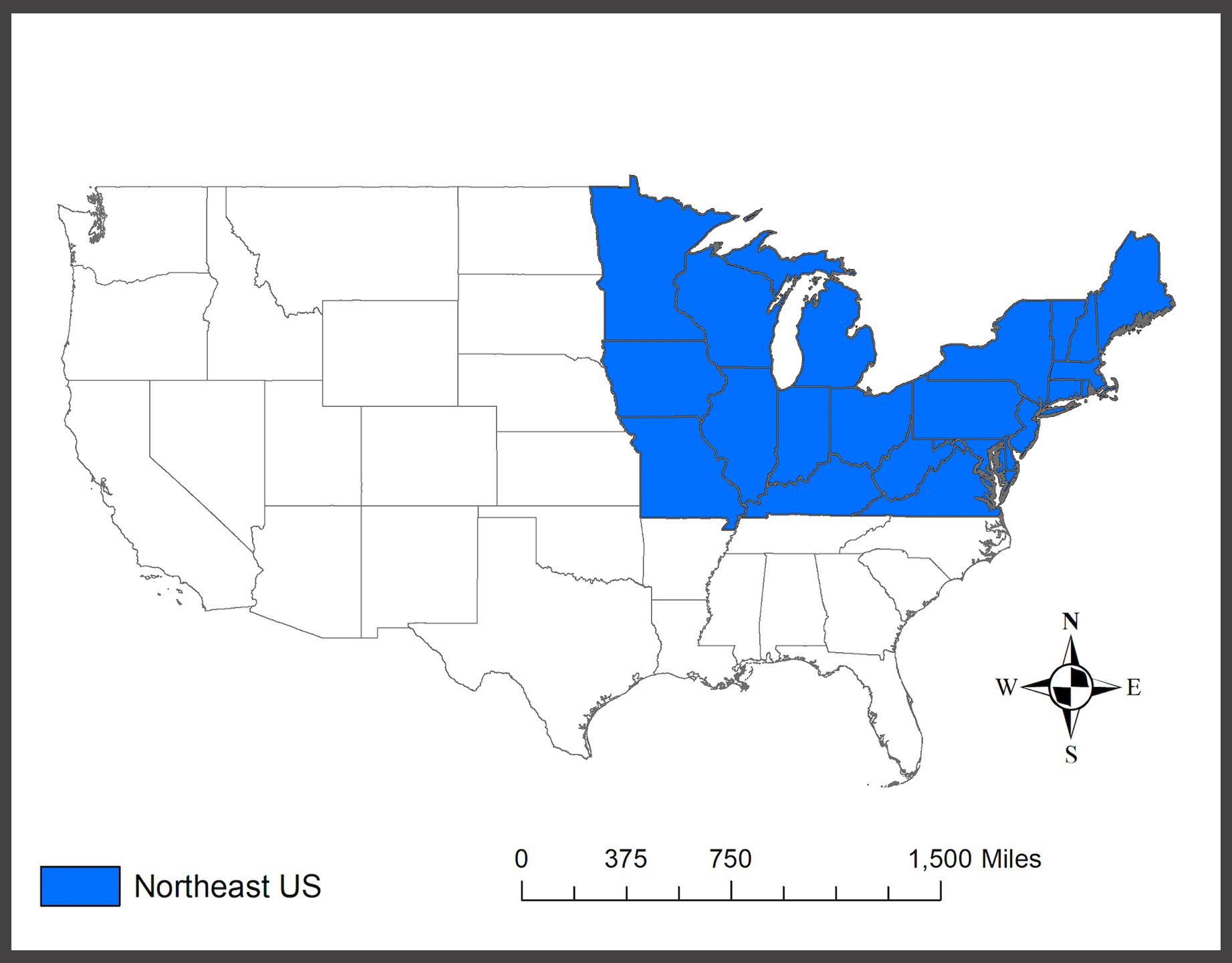 Map of contiential U.S. with states that are part of Hao Yu's research colored in blue