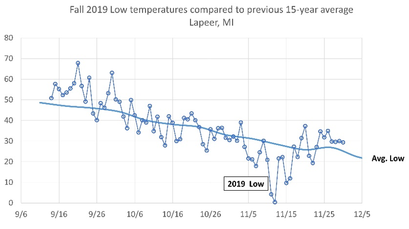 Daily minimum temperatures at the MSU Extension Lapeer County office compared to the 15-year (2005-2019) average