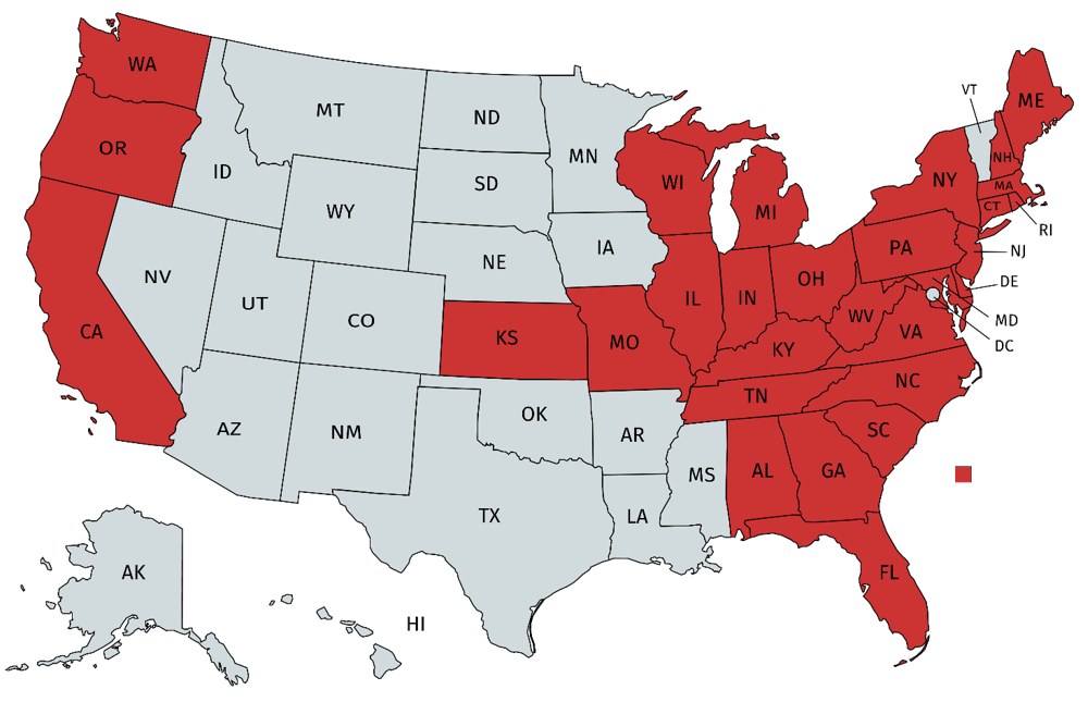 Map of states with boxwood blight reported