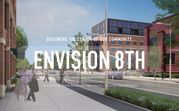 Graphic rendering showing potential improvements to 8th Street in Traverse City, Michigan as part of the Envision8th charrette project.