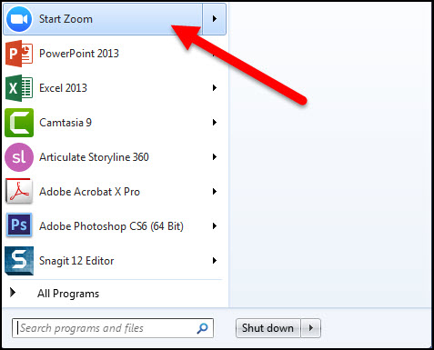 Start menu of a windows computer with arrow pointing to Zoom