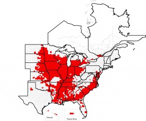 Distribution of soybean cyst nematode (areas in red) in the US and Canada as of 2014