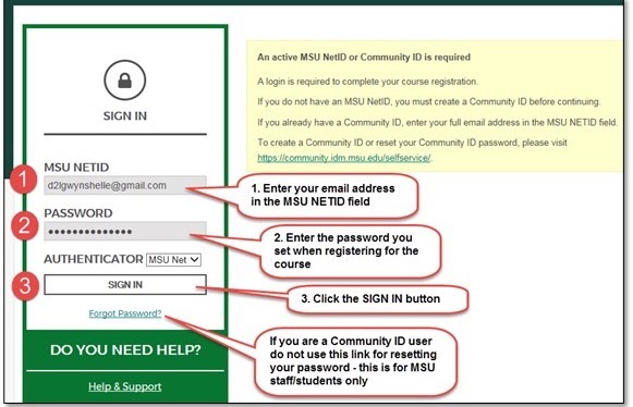 Screen capture of login instructions