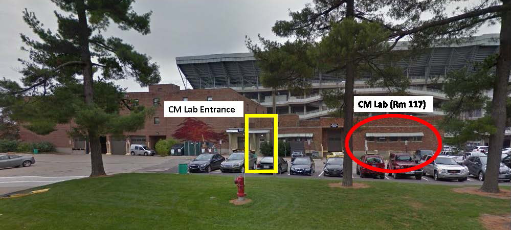 Street view of the Central Services Building showing where the Construction Management Lab is location from the outside of the building.