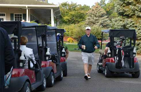 Photos of golfers sitting in golf carts.