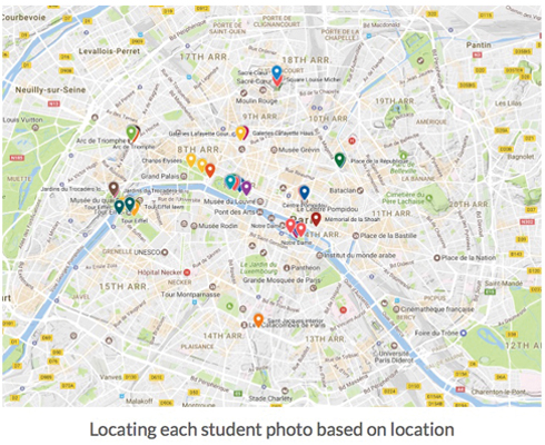 Map of Paris showing each student photo based on location.