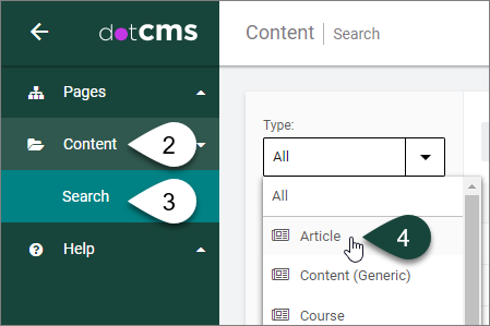 Shows where to access the Content dashboard and select for the Article type in dropdown menu.