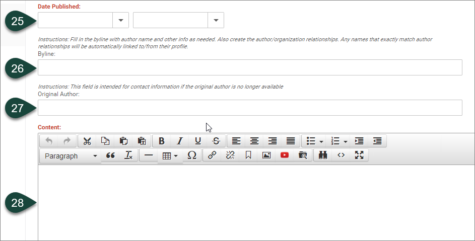 Showing fields for Date Published, Byline, Original Author and Description.