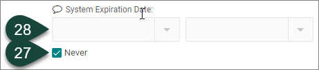 Shows the System Expiration Date and Time fields, and the Never check box.